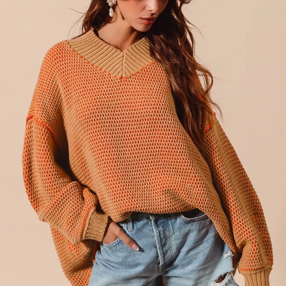 SO ME Oversized Two‎ Tone Textured V Neck Sweater